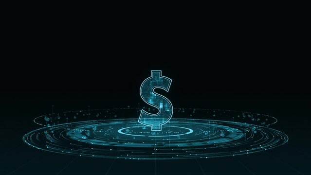 Motion graphic Blue digital money logo with particle ring circle rotation with ai technology icon on futuristic abstract background crypto currency finance and digital money concepts