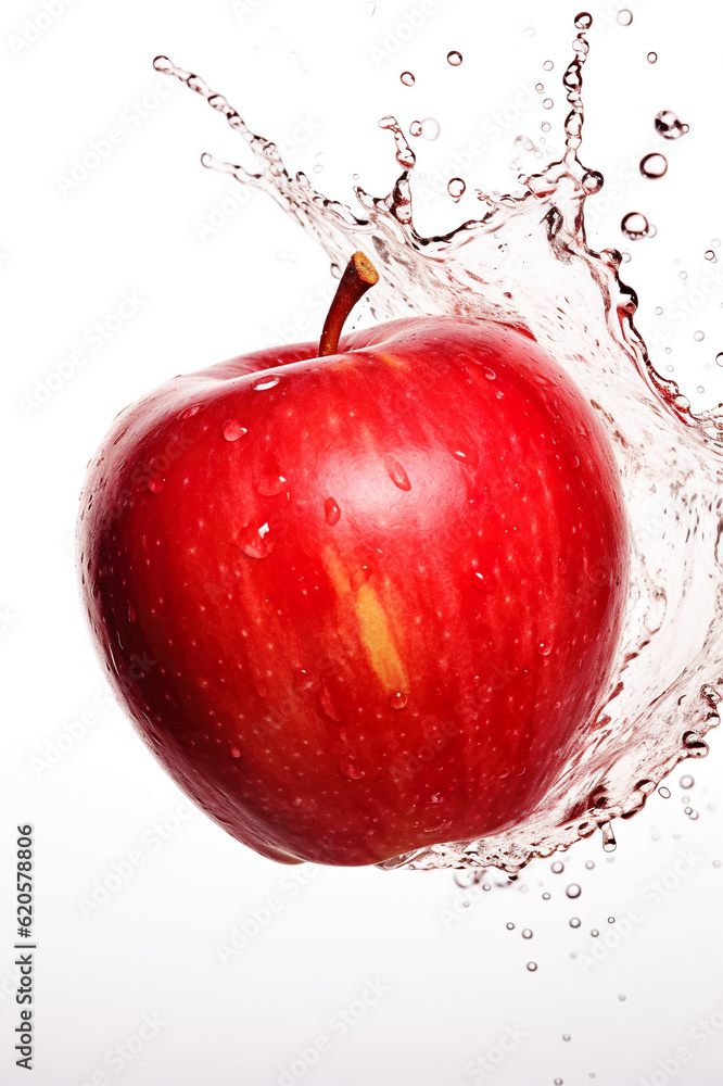 Poster a red apple with water splashing around it. generative ai.