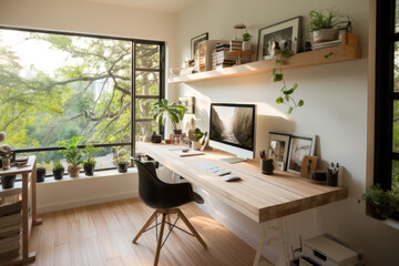 Fototapeta na wymiar Beautiful and cosy home office setup with a sleek desk, ergonomic chair, minimalist decor, and ample natural light, offering a functional and aesthetic workspace
