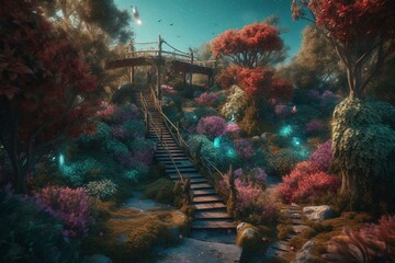 Illustration of a fantastical garden with colorful foliage and blossoms. Generative AI