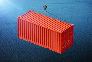 Orange Metal Container Being Lifted by Crane on the Sea