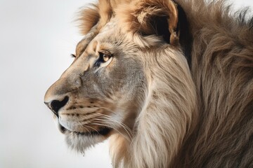 Profile of a male lion glancing behind, white background. Generative AI
