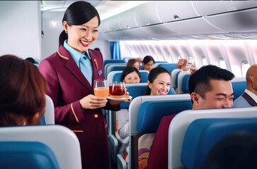 Fototapeta na wymiar A Chinese flight attendant serves food to customers on the plane with a smile. Generative AI