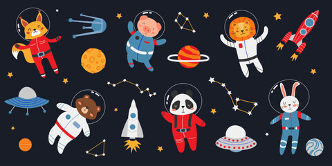 Large vector set of space elements and animals. Cute animals in space suits. Panda, lion, rabbit, rockets, planets, constellations, space saucers. Children's space theme. Objects on dark isolated bg
