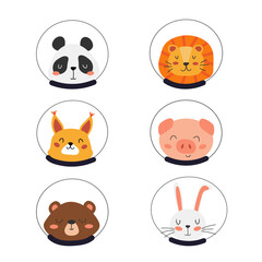 Vector set of cute animals in space helmets.  Panda, lion, rabbit, piggy, squirrel, bear in space. Flat design in Scandinavian style. Children's illustration, space set. Isolated objects on white bg.