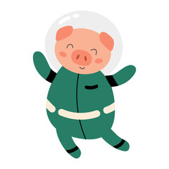 Piggy in a spacesuit. Vector illustration of a cute space animal. Space theme. Pig in space. Isolated object on white background. 