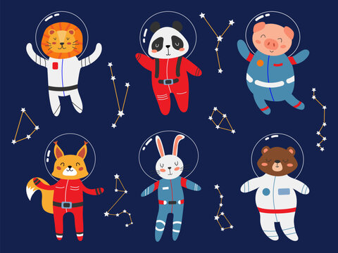 Vector set of space animals in spacesuits. Panda, rabbit, bear, squirrel, pig, lion, constellations in flat style. Concept for children's banner, greeting card. Cute cartoon print. Isolated objects.