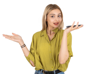 Woman talking on the phone, smiling happy young blonde woman talking on the phone. Using smartphone speakers to communicate. Open palm, looking camera holding mobile phone. Transparent, png.