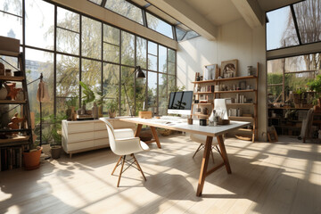 Fototapeta premium Beautiful and cosy home office setup with a sleek desk, ergonomic chair, minimalist decor, and ample natural light, offering a functional and aesthetic workspace
