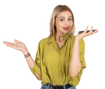 Woman talking on the phone,  smiling happy  young blonde woman talking on the phone. Using smartphone speakers to communicate. Open palm, looking camera holding mobile phone. Transparent, png.