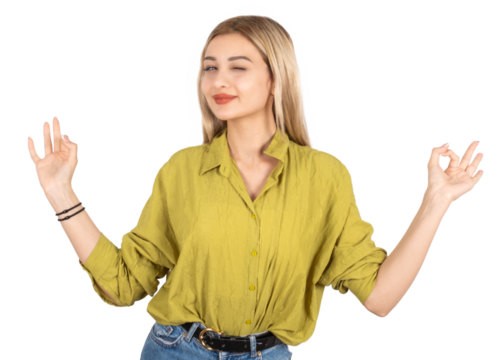 Meditating girl, portrait of young blonde meditating girl. One eye open, blink smiling. Practicing yoga. Try to relax. Isolated transparent png image. Peaceful focused lady concept image.