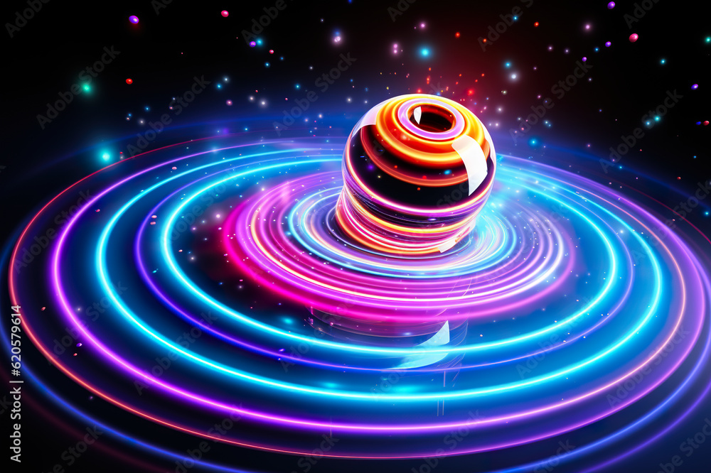 Poster A rotating object surrounded by colorful circles. Generative AI.