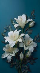 Fototapeta na wymiar White lilies on a blue background. Flowers for a wedding or funeral ceremony. AI generated