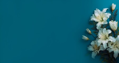 White lilies on a blue background. Flowers for a wedding or funeral ceremony. AI generated