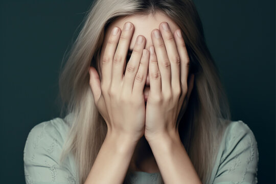 Close-up portrait of a stressed woman covering her eyes and face with her hands - mental health, isolated, green background