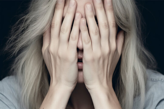 Close-up Portrait Of A Stressed Older Woman Covering Her Eyes And Face With Her Hands - Mental Health, Isolated, Black Background