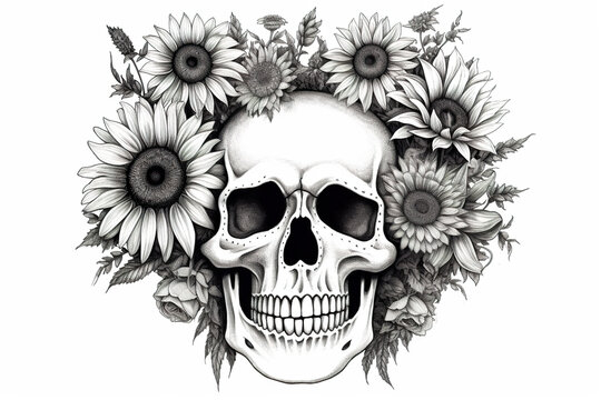 A skull surrounded by sunflowers on a white background. Generative AI.
