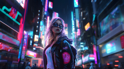 Fototapeta na wymiar anime girl walking in the cyberpunk city at night