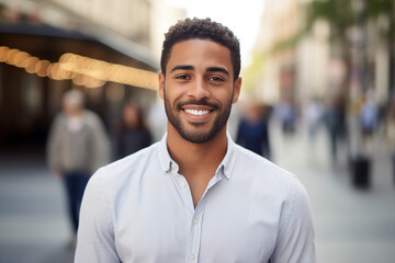 Generative ai friendly contemporary mixed race man outdoors smiling