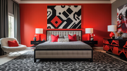 A bedroom with a red lacquered bed frame, a geometric patterned rug, and a bold accent wall.