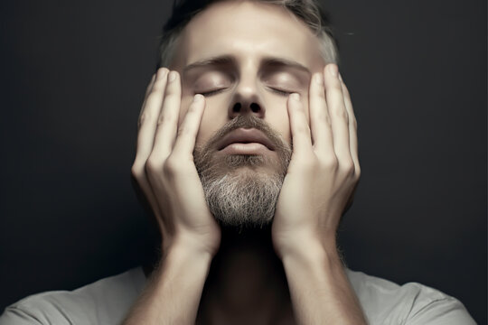 Close-up portrait of a relaxed man with a beard covering his face with his hands - mental health, copy space, isolated, gray background
