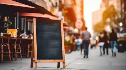 Empty blackboard sign mockup in front of a restaurant , Menu board with a street cafe or restaurant , Created with Generative Ai Technology