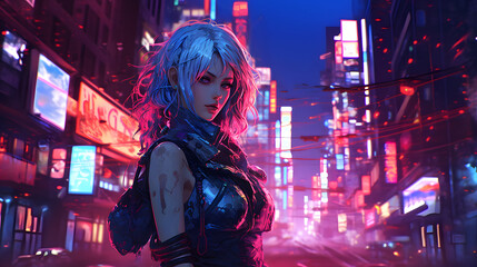 Fototapeta na wymiar anime girl walking in the cyberpunk city at night