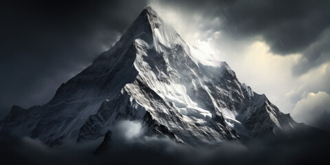 Obraz premium A very tall mountain covered in snow under a cloudy sky. Generative AI.