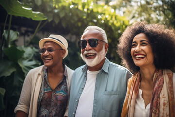 Generative ai senior best friends male and female enjoying walking together having fun