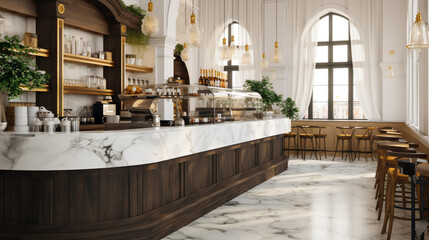 Italian coffee bar with marble counters, furnished with simple furniture in black and white, and sophistication and elegance