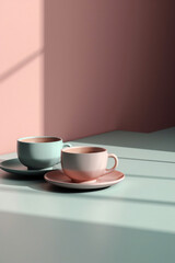 Two coffee mugs on a table, lights and shadows, pastel colors. Generative AI.