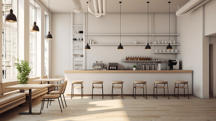 Minimalist coffee shop with white walls, furnished with simple furniture in neutral colors, sense of calm and serenity.