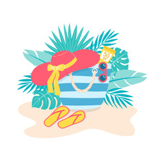 Striped bag with a hat and summer beach accessories. Summer beach vacations. Vector illustration