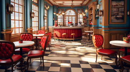 Fototapeta na wymiar French bistro coffee shop with checkered floors, furnished with traditional French furniture in red and white, and sense of nostalgia and charm.