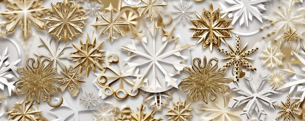 abstract snow seasonal white gold christmas winter decoration background snowflake holiday. Generative AI.