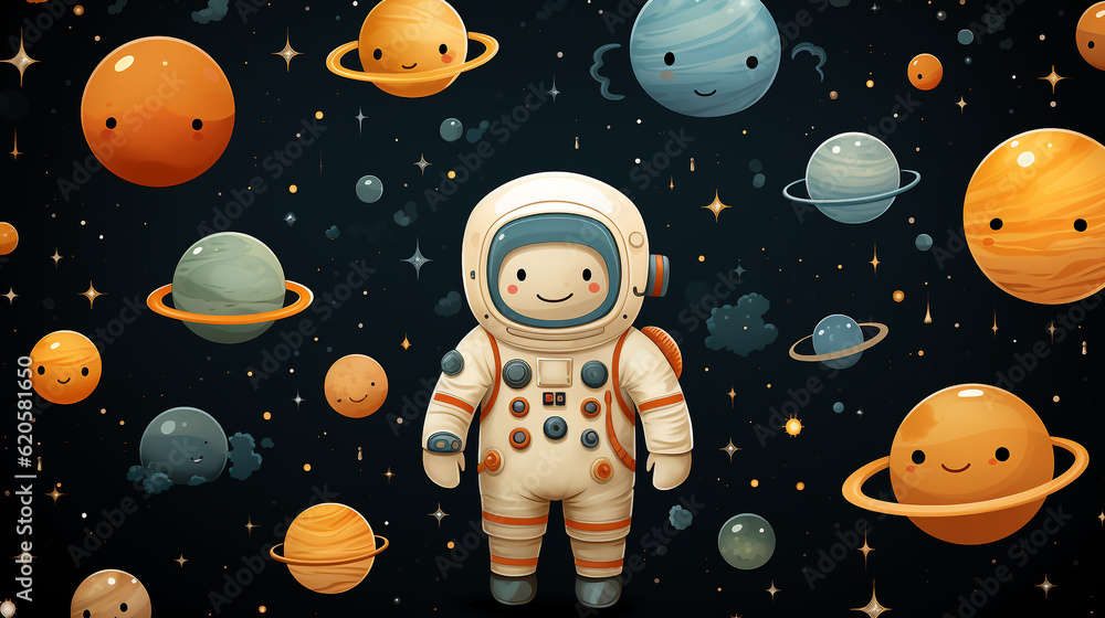 Sticker generative ai cute astronaut space pattern.