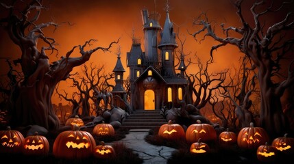 Fototapeta na wymiar Halloween landscape with pumpkins and dark scary castle in the forest on blue Moon background. AI illustration..