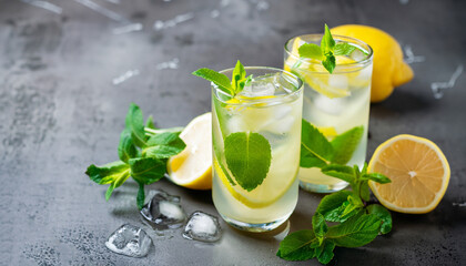Fresh summer drink. Cold lemonade with mint on a concrete background.
