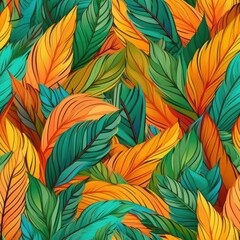 Multi-colored bright ethnic feathers. Seamless pattern with colorful feathers. AI illustration. Print design for textile, fabric, t-shirt, wallpaper, wrapping paper..