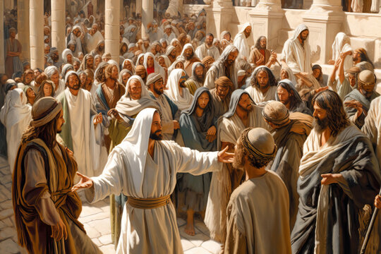 Jesus preaching the Word of God to the crowd in the temple Generative AI Illustration