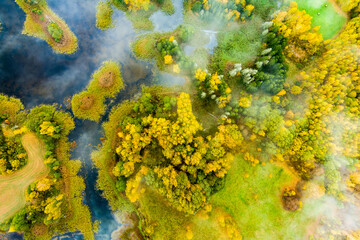 Fototapeta na wymiar Amazing aerial top down view of Kirkilai karst lakes in the bright sunny autumn morning, Birzai eldership, Lithuania