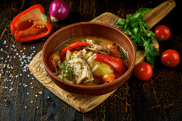 Georgian Laghman soup with ribs and noodles in a clay pot. Dark background
