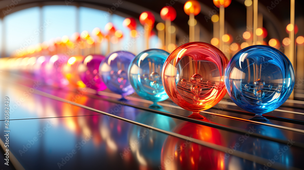 Poster a row of colorful glass balls on a table. generative ai. abstract digital art object.