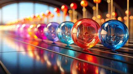 Fototapeta na wymiar A row of colorful glass balls on a table. Generative AI. Abstract digital art object.