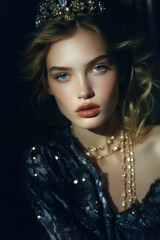 portrait of a woman/model/book character flash photography ditorial magazine style with a thoughtful/sad expression old film camera photography look  - generative ai art