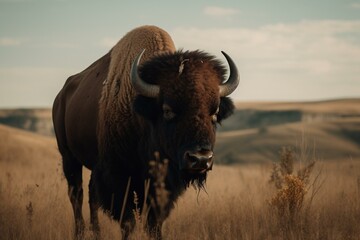Huge bison in North Dakota's Badlands, Theodore Roosevelt National Park. Generative AI - obrazy, fototapety, plakaty