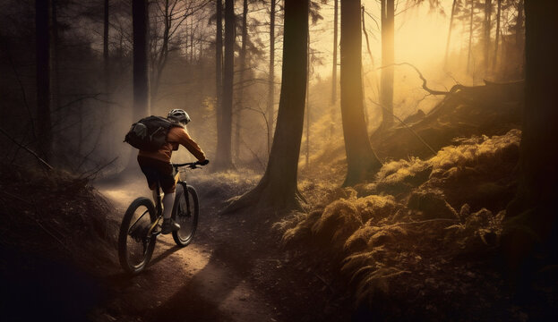 outdoors woman summer bicycle sport dark walking sunset cycling bike forest. Generative AI.