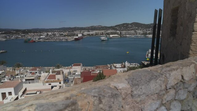 Dalt Vila old town, from walls of hilltop Castle of Ibiza and fortification, UNESCO World Heritage Site, Ibiza Town, Ibiza, Balearic Islands, Spain