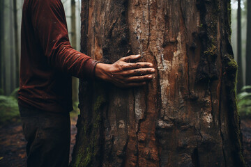 Hands hugging a tree trunk. The concept of protecting nature and combating deforestation. Generative AI