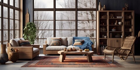 AI-Generated Modern Living Room Design: Grey Corner Sofa, Minimalist Décor, Large Window Overlooking Forest in Country House – Contemporary Interior Style